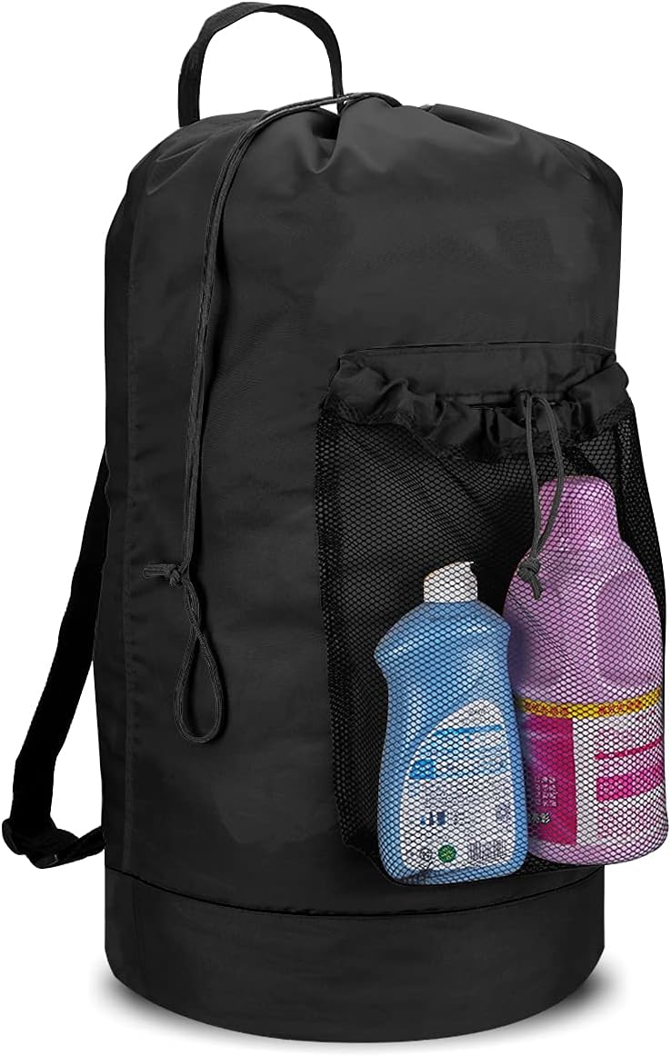 Backpack Laundry Bag, 115 L - Shoulder Straps, Drawstring, Mesh Pocket, Black