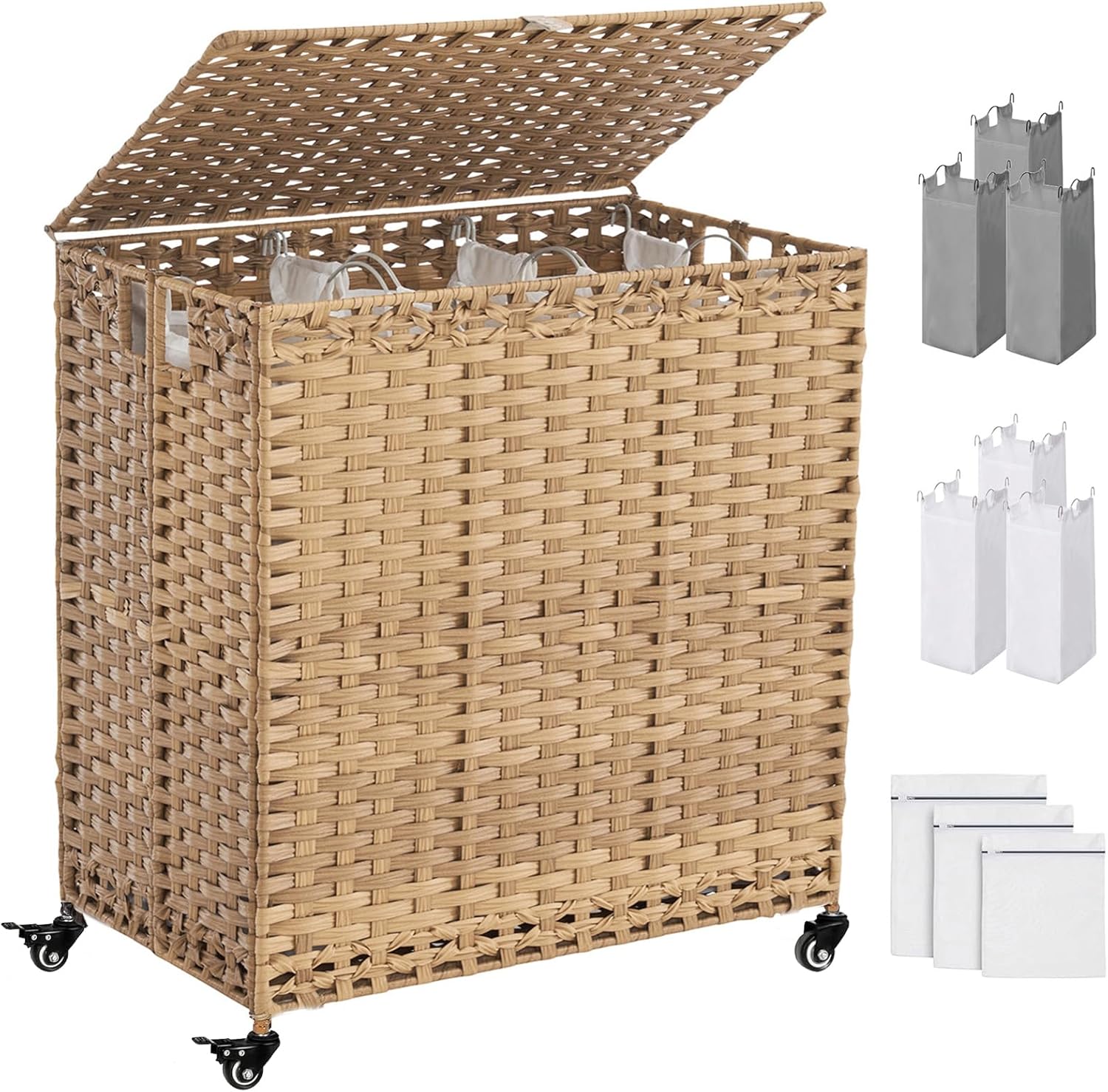 Rolling Laundry Hamper with Lid, 190 L - 3 Sections, Handwoven Rattan, 6 Liners and 3 Mesh Bags