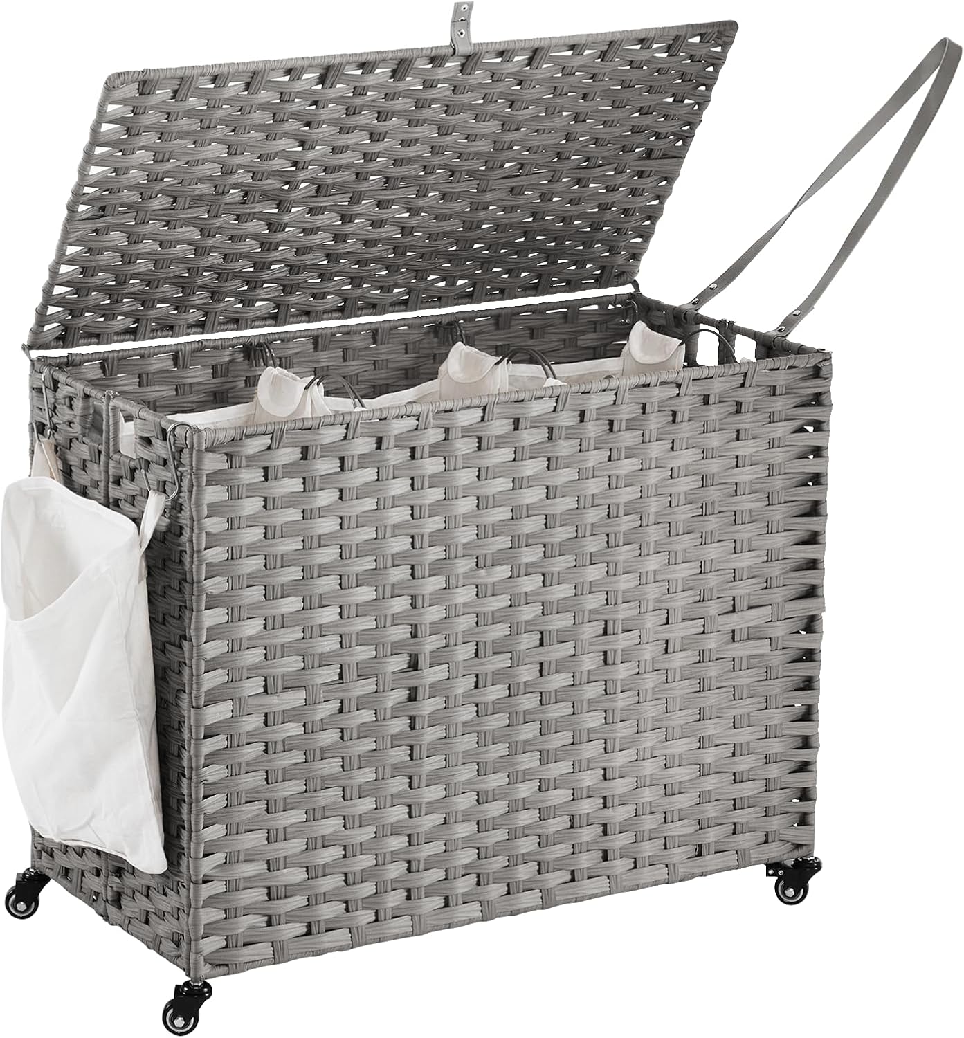 Rolling Laundry Sorter with Lid, 200 L - 3 Sections, Rattan, 3 Liners and 3 Mesh Bags, Grey