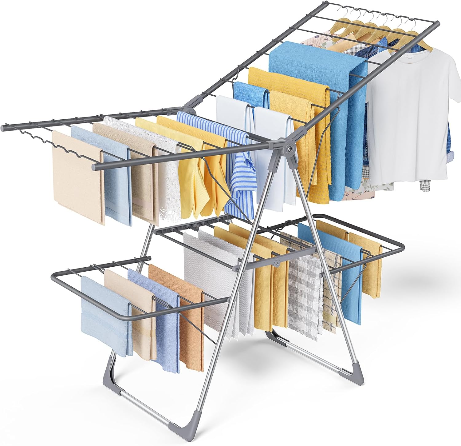 2-Level Clothes Drying Rack with 55.5 in Adjustable Wings - Height Adjustable, Gray