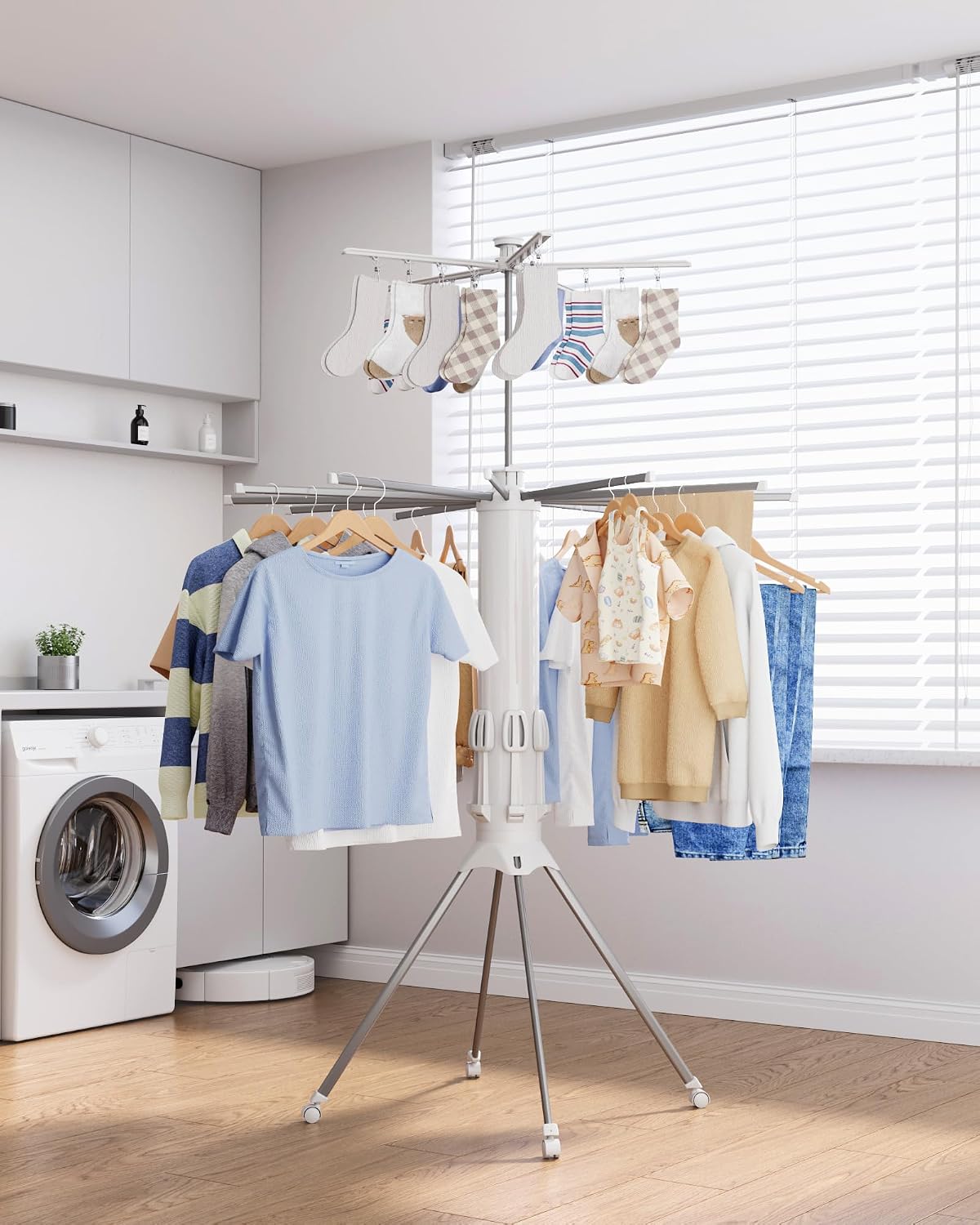 Foldable Drying Rack with 12 Steel Arms, Clips and Shoe Holder, 44 x 44 x 71 in - White