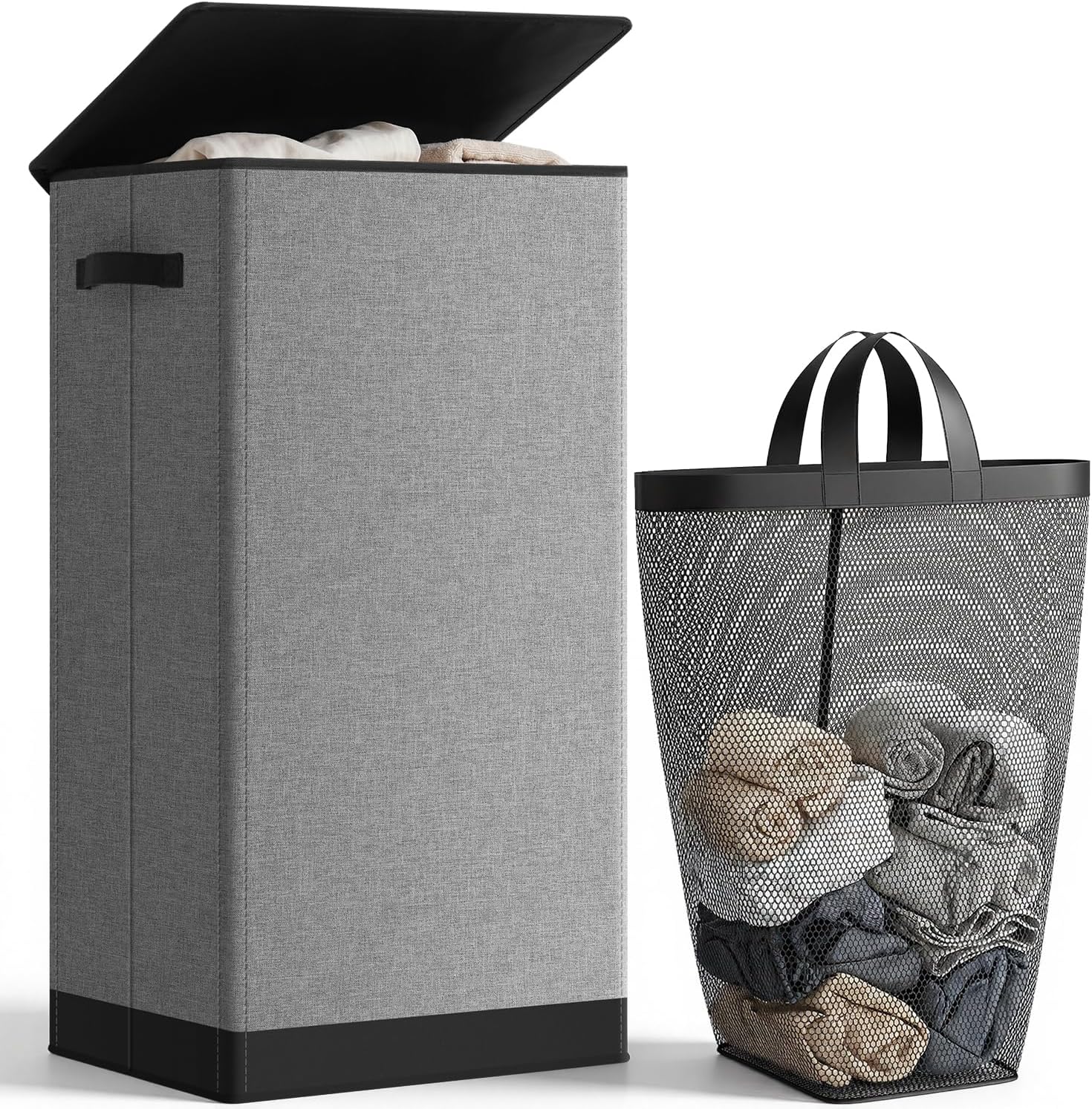 Collapsible Laundry Hamper with Lid, 100 L - Built-In Metal Frame, Washable Bag
